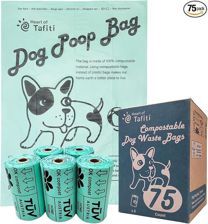 Dog Poop Bags, Compostable Dog Bags for Poop (75 Count), Doggie Poop Bags, Dog Waste Bags, Plant-Based, Extra Thick & Leak Proof, Unscented, 9 x 13 Inches