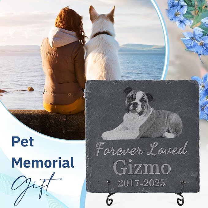 Pet Memorial Stone with Photo, Dog Memorial Gifts for Loss of Dog, Personalized Pet Memorial Gifts, Pet Loss Gift - Forever Loved（Square）