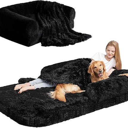 EHEYCIGA Foldable Human Dog Bed, 72"x44"x11" Orthopedic Memory Foam Human Sized Dog Bed, Waterproof Pet Bed for People, Faux Fur Pet Couch for Adult with Non-Slip Bottom, Black