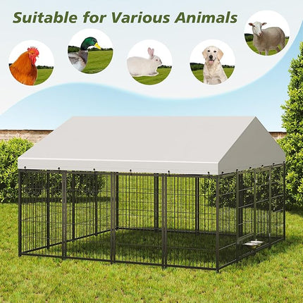 Large Outdoor Dog Kennel with Roof, 9.62’ x 9.35’ x 6.18’ Metal Pet Enclosure, UV & Weatherproof, Spacious Dog Run with Adjustable Feeders Suitable for Dogs, Chickens, Rabbits & More