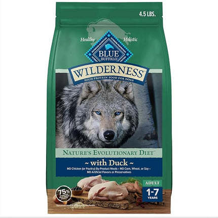 Blue Buffalo Wilderness Natural High-Protein Dry Food for Adult Dogs, WITH WHOLESOME GRAINS, Duck, 4.5-lb Bag