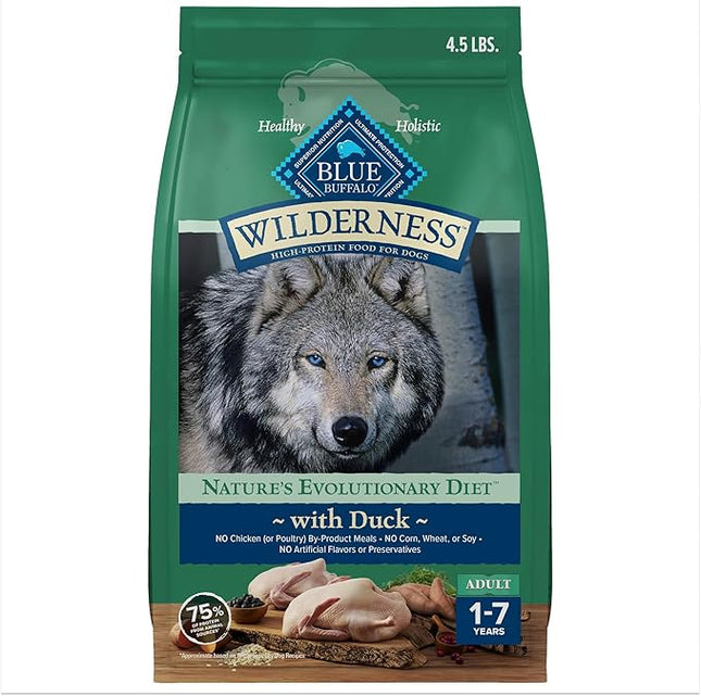 Blue Buffalo Wilderness Natural High-Protein Dry Food for Adult Dogs, WITH WHOLESOME GRAINS, Duck, 4.5-lb Bag