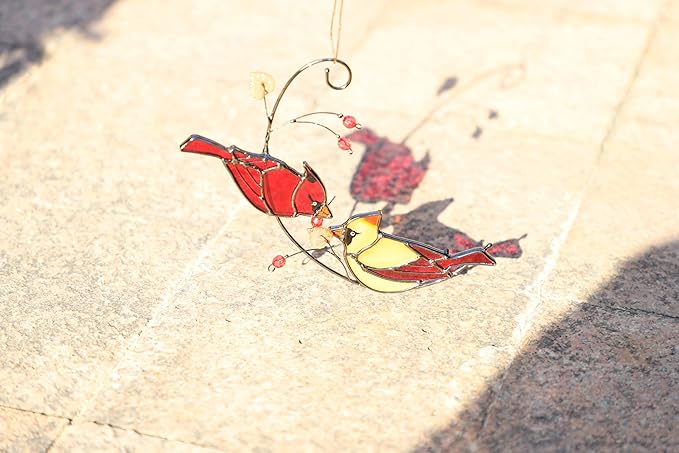 Handmade Cardinal Stained Glass Suncatcher Window Hanging Ornament for Christmas,Mother’s Day,Memorial Gifts,Red Birds Sun Catcher Decorative for Women, Mom, Grandma,Real Glass Unique Design