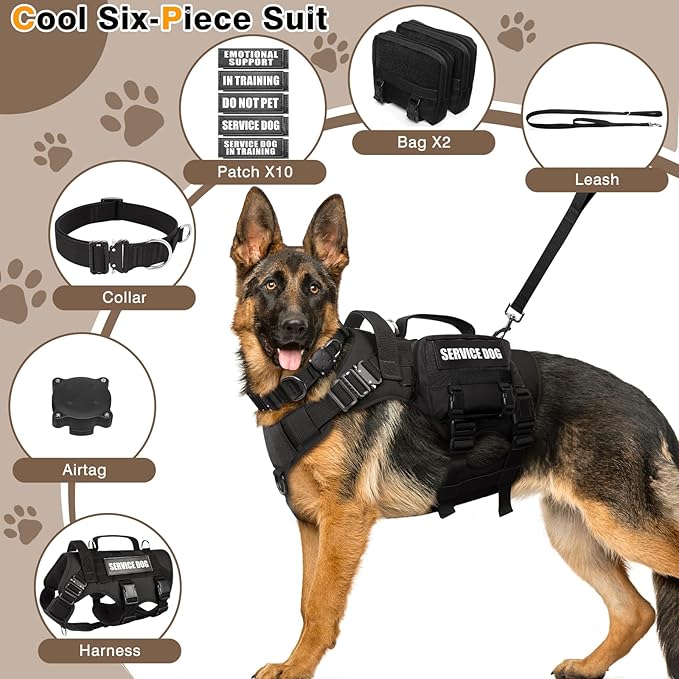 WINSEE Tactical Dog Harness with Dog Leash, Dog Collar, Service Working MOLLE Vest with 10 Pet Patches for Medium Dog, No Pull Military Harness and Backpack with Airtag Holdler