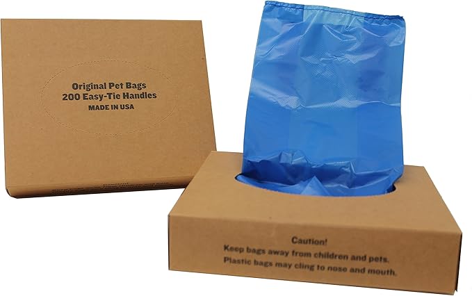 200 Black Easy Open & Easy-tie Handle 15" Strong Leak- Proof Poop Bags, Dog Waste Bags Made in USA (not on rolls) (Blue)