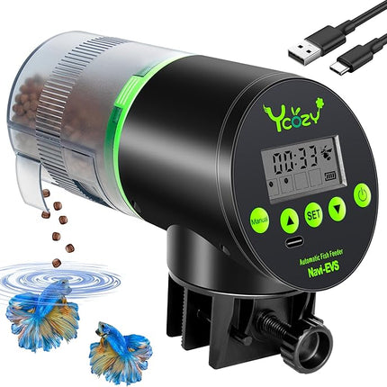 Ycozy Automatic Fish Feeder Rechargeable with Type-C Cable Fish Feeder Automatic Dispenser for Vacation Small Tank/Betta/Turtle Upgraded Moisture-Proof Container