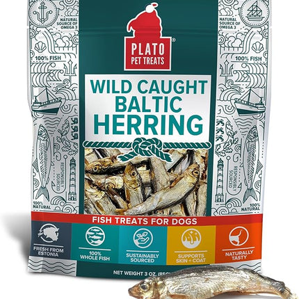 Plato Pet Treats Fish Dog Treats - Air-Dried, Single Ingredient Dog Treat - with Omega 3 & 6 Fatty Acids to Support Skin and Coat - 100% Whole Fish - Wild Caught Baltic Herring Dog Treats - 3oz