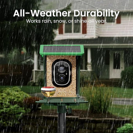 Bird Feeder with Camera Solar Powered 2K HD Video, 10,000+ Species AI Recognition, Real-Time App Alerts, and Weatherproof Design for Effortless Birdwatching, Gift for Bird Lovers, Grass Green