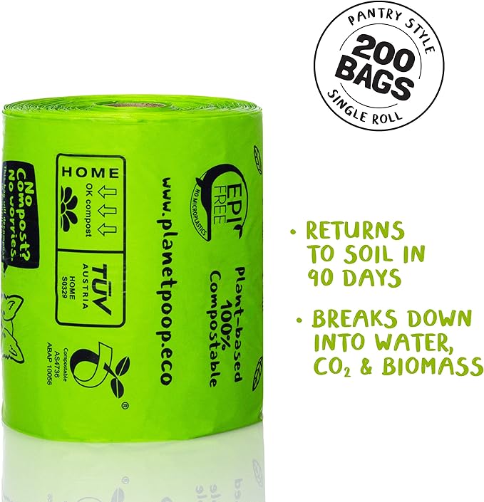 PLANET POOP Home Compostable Dog Poop Bags Extra Long with Handles | Large Single Roll 200 Grab & Go | Un-scented Dog Waste Bag | Leakproof Doggy & Cat Bags | Plant-Based Pet Supplies