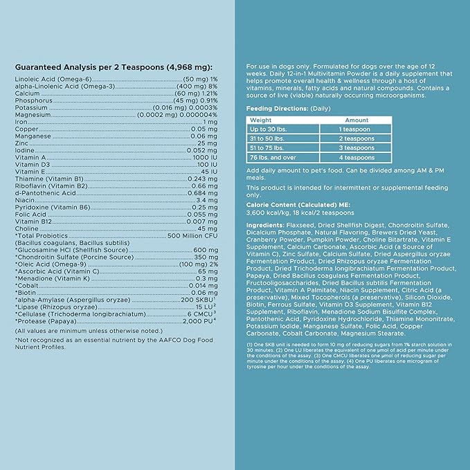 12-in-1 Multivitamin Powder for Dogs - 14 oz of Puppy and Senior Dog Vitamins and Supplements - Advanced Formula with Glucosamine, Omega 3,6,9, Vitamins, Probiotics, and More - Made in The USA
