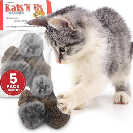 Kats'N Us 2 Inch Pack of 5 Real Rabbit Fur Jumbo Pom Pom Cat Toys – Natural Color Balls for Cats & Kittens – Interactive Prey-Like Toys for Indoor Chasing, Batting & Play.