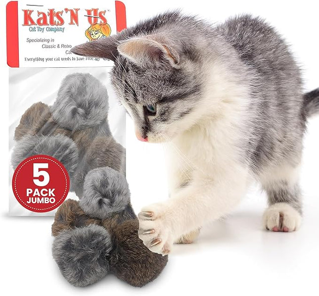 Kats'N Us 2 Inch Pack of 5 Real Rabbit Fur Jumbo Pom Pom Cat Toys – Natural Color Balls for Cats & Kittens – Interactive Prey-Like Toys for Indoor Chasing, Batting & Play.