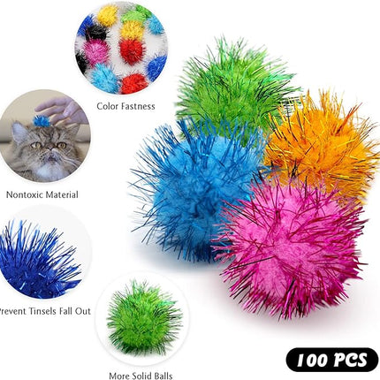 100PCS 1.5 INCH Cat Toy Balls Extra Large Sparkly Cat's Favorite Chase Glitter Ball Toy Sparkle Pom Pom Balls