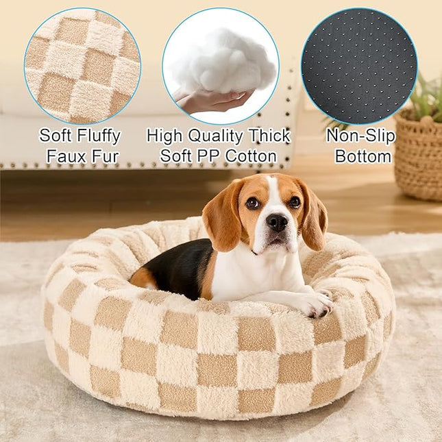 Dog Calming Beds for Small Medium Large Dogs - Round Donut Washable Puppy Dog Bed, Anti-Slip Faux Fur Fluffy Donut Cuddle Anxiety Cat Pet Bed (32" Grid)