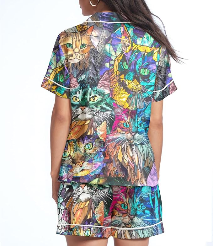 Women’s Silk Satin Pajama Set, Short Sleeve Button Down 2 Piece PJs with Shorts, Cozy Loungewear & Matching Holiday Pajamas