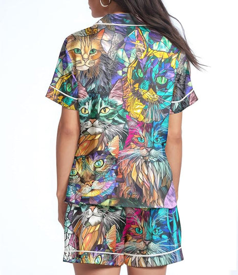 Women’s Silk Satin Pajama Set, Short Sleeve Button Down 2 Piece PJs with Shorts, Cozy Loungewear & Matching Holiday Pajamas