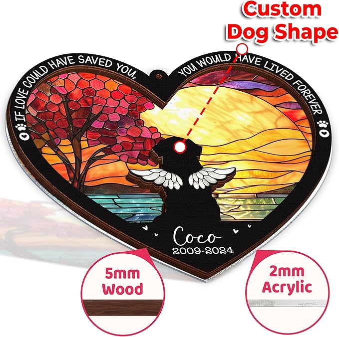 Personalized Angel Dog Memorial Suncatcher, Heart Suncatcher Remembrance Gift, Engraved Pet Memorial Ornament, Pet Sympathy Keychain, Loss of Animal Sympathy Card, Rainbow Bridge Dog Loss Gift