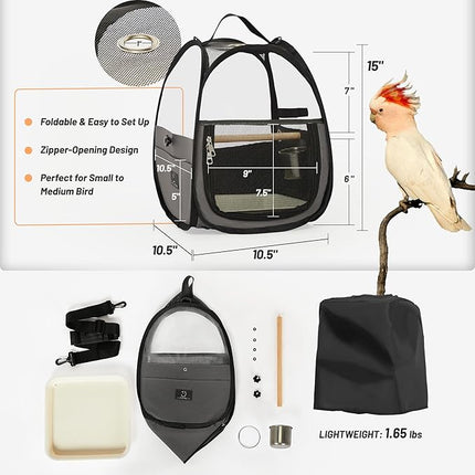 Bird Carrier for Travel with Clear Windows, Breathable Safe Fabric, Lightweight Small Bird Cage with Tray, Stand and Feeder, Portable Pet Bag for Parrot, Vet Visit, Outdoor, Small Animals