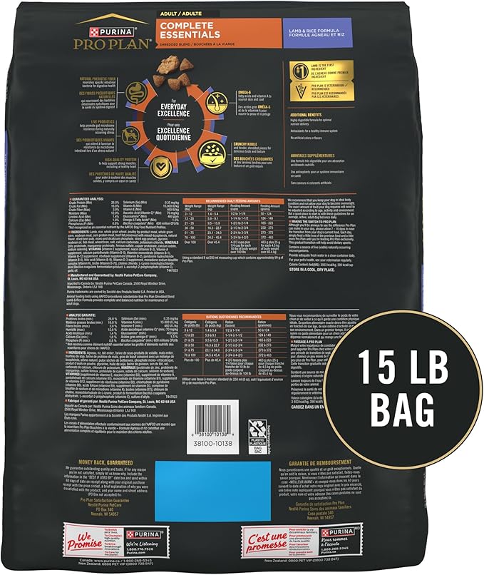 Purina Pro Plan Complete Essentials Shredded Blend Lamb and Rice High Protein Dog Food with Probiotics for Dogs - 15 lb. Bag