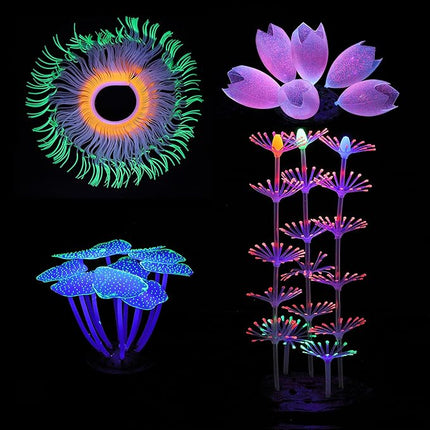 Glowing Aquarium Decorations, 4pcs Glow Sea Anemone Coral Ornaments, Silicone & Resin Material, Aquarium Decor