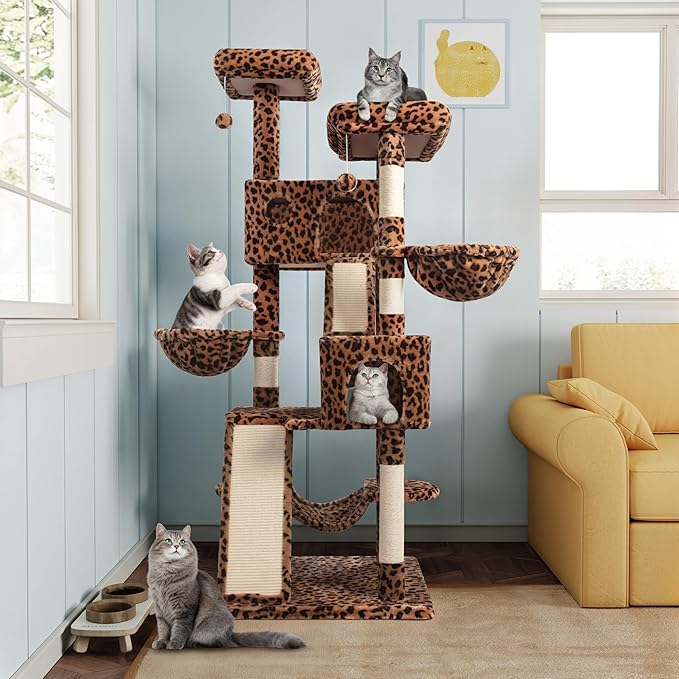MUTICOR 66 Inches Multi-Level Large Cat Tree Tower for Indoor Big Feline/Cozy Plush Perches/Condo/Sisal Scratching Posts/Hammock and Baskets/Activity Center Play House/Wide Base/Leopard Print