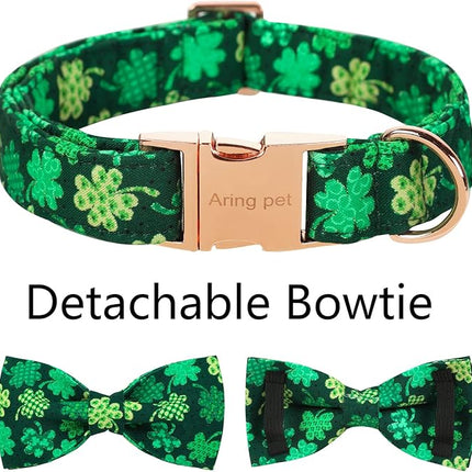 ARING PET St. Patrick's Day Dog Collar with Bow, Cute Adjustable Plaid Clovers Bowtie Pet Collars with Metal Buckle for Puppy Small Medium Large Boy Girl Dogs-S