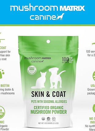 Om Mushroom Matrix Pet - Canine | Skin & Coat | USA Grown Human-Grade Organic Mushroom Powder Pet Supplement | Seasonal Allergy Skin & Coat Support for Dogs & Cats | 100 Grams, 3.5 oz