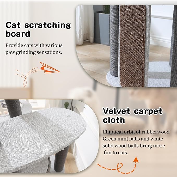 Cat Tree with Cat Scratching Post for Multiple Cats, Natural Wood Cat Tower with Handwoven Sisal Posts, Extra Thick Sturdy Base, Multi-Level Perches and Plush Condos for Indoor Cats (Grey, 50+in)
