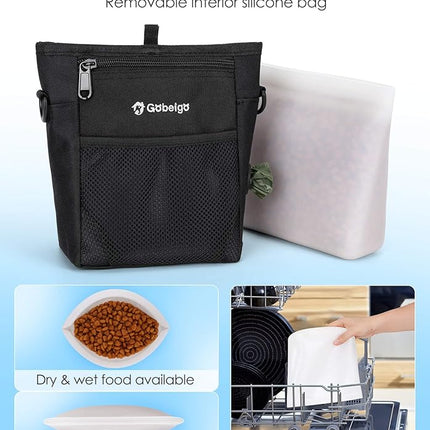 Gobeigo Dog Treat Pouch with Silicone Liner, 【4 Cup】【3 Ways to Wear 】 Treat Bag with Training Clicker, Front Pocket fits All Phones, Upgrade Stronger Magnetic Closure Walking Fanny Pack (Black)