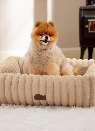 Bedsure Cute Dog Bed for Small Medium Dogs - Washable Furry Puppy Beds, Rectangle Orthopedic Corduroy Fleece Pet Beds with Removable Zipper Cover, 25x21x7inches,Sandy Beige