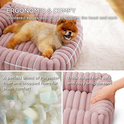 Bedsure Cute Dog Bed for Small Dogs & Cats - Washable Furry Puppy Beds, Rectangle Orthopedic Corduroy Fleece Pet Beds with Removable Zipper Cover, 20x19x6inches, Blush Pink
