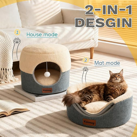 Cat Cave Bed for Indoor Cats, 2-in-1 Calming Anti-Anxiety House & Lounger, Durable Cozy Round Pet Bed with Cushioned Pillow & Anti-Slip Bottom for Small Dogs, 19.7 inches