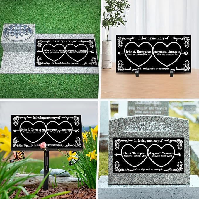 HDSD 12x6'' Personalized Pet Memorial Stones Black Granite Headstones for Dogs Laser Engraved with Photo (Couples)