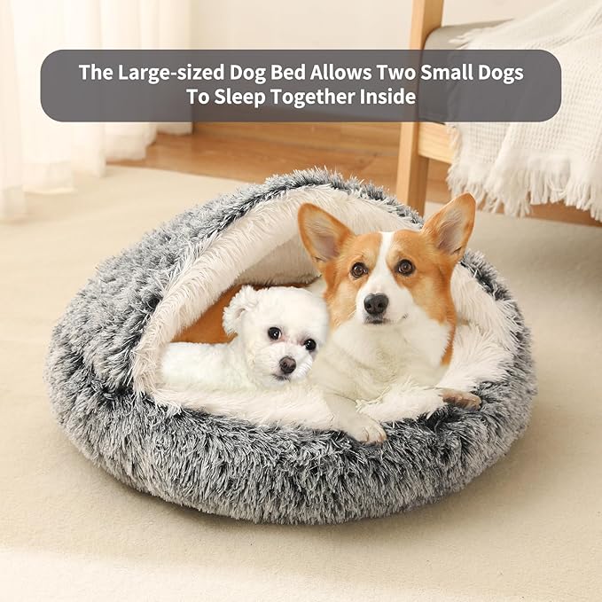Dog Bed Round Hooded Plush Cat Cave Self Warming Pet Bed Donut Anti Anxiety Fluffy Pet Bed for Puppy and Kitty