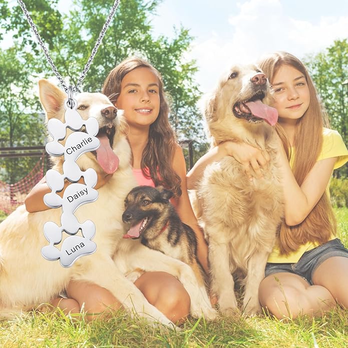 MeMeDIY Personalized Paw Print Necklace for Women Engraved Name Dog Paw Necklace Stainless Steel/925 Sterling Silver Paw Necklace Pet Memorial Necklace 1-4 Cat Paw Print Necklace