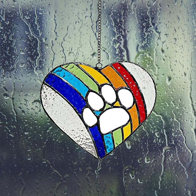 LASTINGTAILS Stained Glass Rainbow Bridge Dog Memorial Gifts for Loss of Dog, Heart Paw Print Suncatcher Loss of Dog Sympathy Gift, Dog Passing Away Gifts, Pet Remembrance for pet Lovers