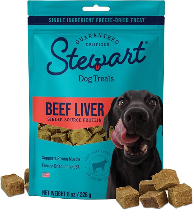 Stewart Beef Liver Dog Treats, 8 oz, ~180 Pieces, Freeze Dried Raw, Single Ingredient, 50% Protein Training Treats or Meal Topper in a Resealable Pouch, Grain Free, Gluten Free