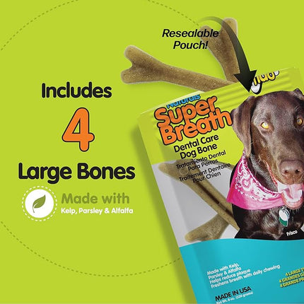 Fido - Super Breath Dental Care Bones for Dogs - 4 Count Large Dog Dental Treats for Large Dogs (Made in USA) - Tasty Dog Dental Chews Help Reduce Plaque, Tartar Buildup, and Freshens Breath