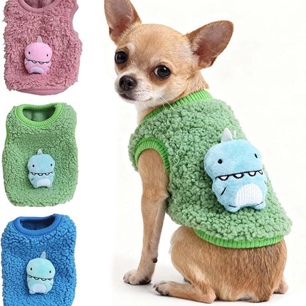 FLAdorepet 3 Packs Teacup Dog Cat XXS Clothes for Chihuahua Yorkie,Winter Warm Fleece Puppy Pet Clothes Sweater Shirt Vest for Mini Newborn Extra Small Dogs (Cute Dnosaur, XXS(Pet 1-2LBS))