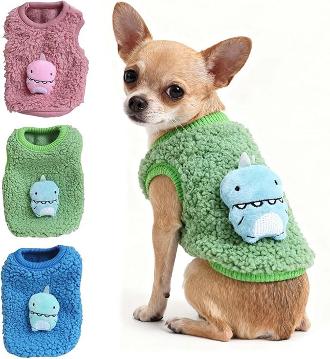 FLAdorepet 3 Packs Teacup Dog Cat XXS Clothes for Chihuahua Yorkie,Winter Warm Fleece Puppy Pet Clothes Sweater Shirt Vest for Mini Newborn Extra Small Dogs (Cute Dnosaur, XXXS(Pet Under 1LBS))