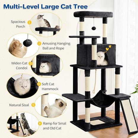 Cat Tree Tower 63in Multi-Level Cat Tower for Indoor Cats with Sisal Scratching Posts, Condo, Hammock, Dangling Ball and Extended Platform for Cats to Play, Black