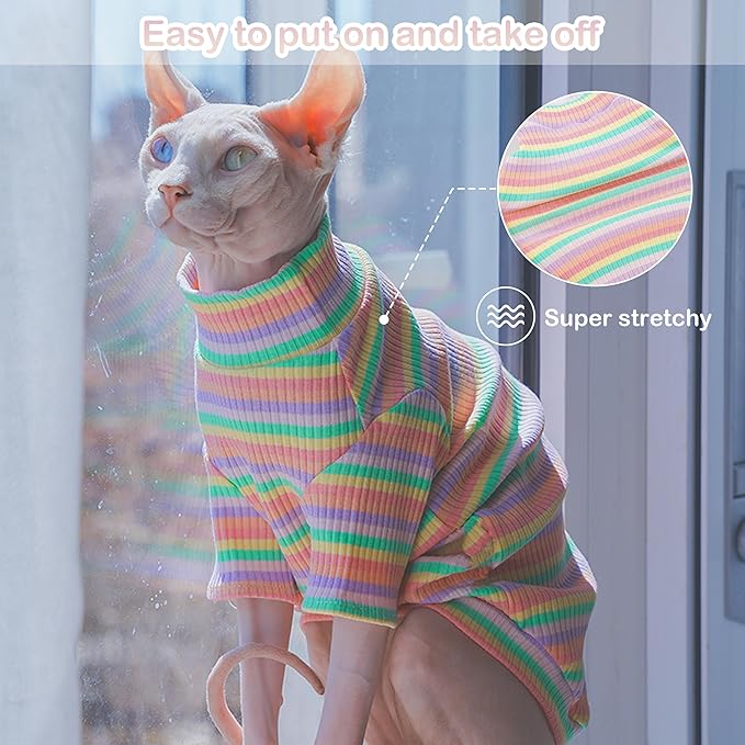 PUMYPOREITY Sphynx Cat Clothes: Soft, Stretchy Rainbow Sweater & Turtleneck Pullover Jumpsuit - XL