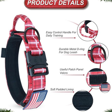 Hotsky Tactical Dog Collar, Adjustable Military Training Nylon Airtag Collar with Handle and Heavy Duty Metal Buckle for Medium Large Dogs, with Airtag Holder and Two Patches（Redplaid,M）