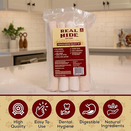 | All Natural Dog Chew Treats - Premium Rawhide Rolls, 9-10 Inch - Long Lasting Grass Fed Free Range Beef Hide - Medium/Large Dogs - 4 Count