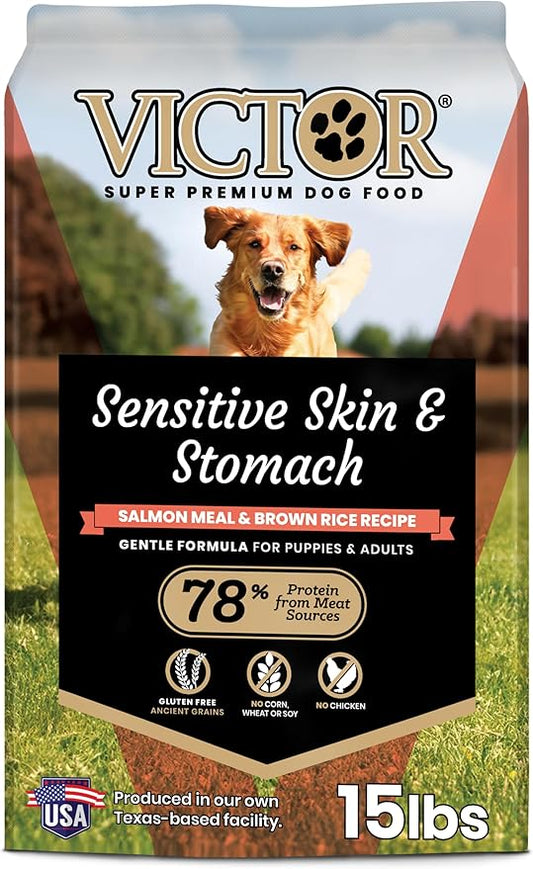 VICTOR Super Premium Dog Food — Sensitive Skin and Stomach — Salmon Meal & Brown Rice Recipe Dry Kibble — Gluten Free, No Chicken, Ideal for Dogs with Allergies — Adult and Puppy Food, 15 lb