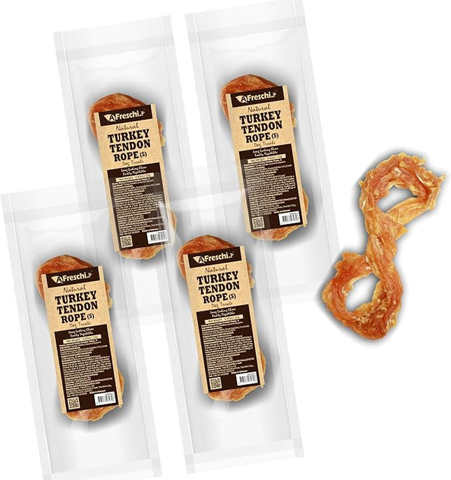 A Freschi srl Turkey Tendons for Dogs, USA-Sourced, Healthy Dog Treats, Rawhide-Free Puppy Chews, Long Lasting, All Natural, Hypoallergenic Dog Treats for Small Breeds, 4 Count Pack Rope (S)