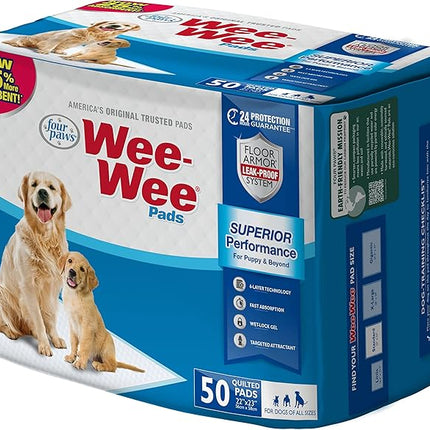 Four Paws Wee-Wee Superior Performance Unscented Pee Pads for Dogs & Puppies, Quilted Leak-Proof Dog Housebreaking Potty Training Floor Protection, 22" x 23", 50 Count
