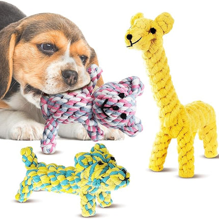 SunGrow Cotton Rope Knot Puppy & Ferret Toys, Tough Teething Chewable Teddy Bear, Giraffe, and Dog, Handwoven for Small Breeds Dog, for Teeth and Gums, Multicolor, 3 Pieces per Pack