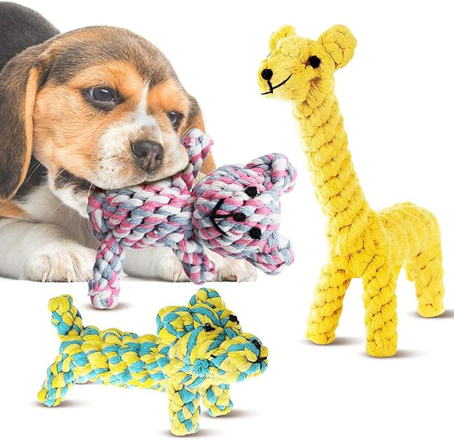SunGrow Cotton Rope Knot Puppy & Ferret Toys, Tough Teething Chewable Teddy Bear, Giraffe, and Dog, Handwoven for Small Breeds Dog, for Teeth and Gums, Multicolor, 3 Pieces per Pack