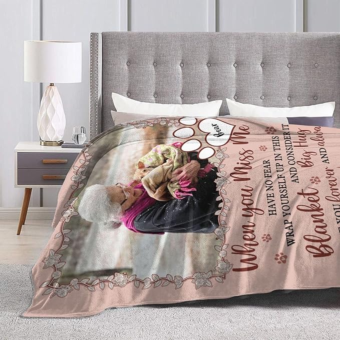 Custom Pet Memorial Blanket with Photo,Personalized Dog/Cat Loss Sympathy Gift,Pet Loss Bereavement Remembrance Gifts,Flannel Throw Blanket with Pictures (Peach Pink)